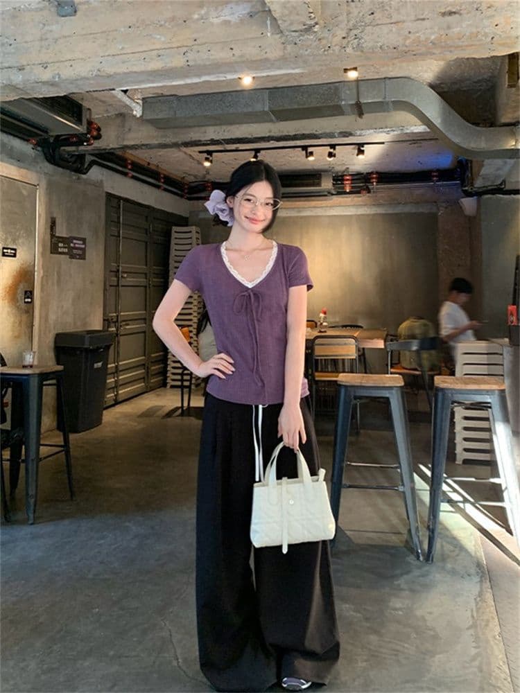 230 크 바 이익 대나무 마디 보라색 V넥 레이스 스트랩 반팔 티셔츠 여성 여름 한 부서 몸매 가꾸기 슬림해 보이는 다용도 맨위 상세 이미지 12
