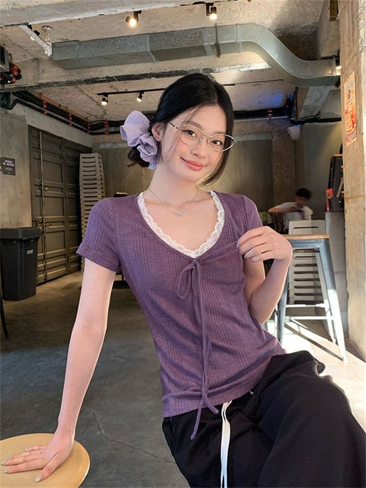 230 크 바 이익 대나무 마디 보라색 V넥 레이스 스트랩 반팔 티셔츠 여성 여름 한 부서 몸매 가꾸기 슬림해 보이는 다용도 맨위 상세 이미지 13