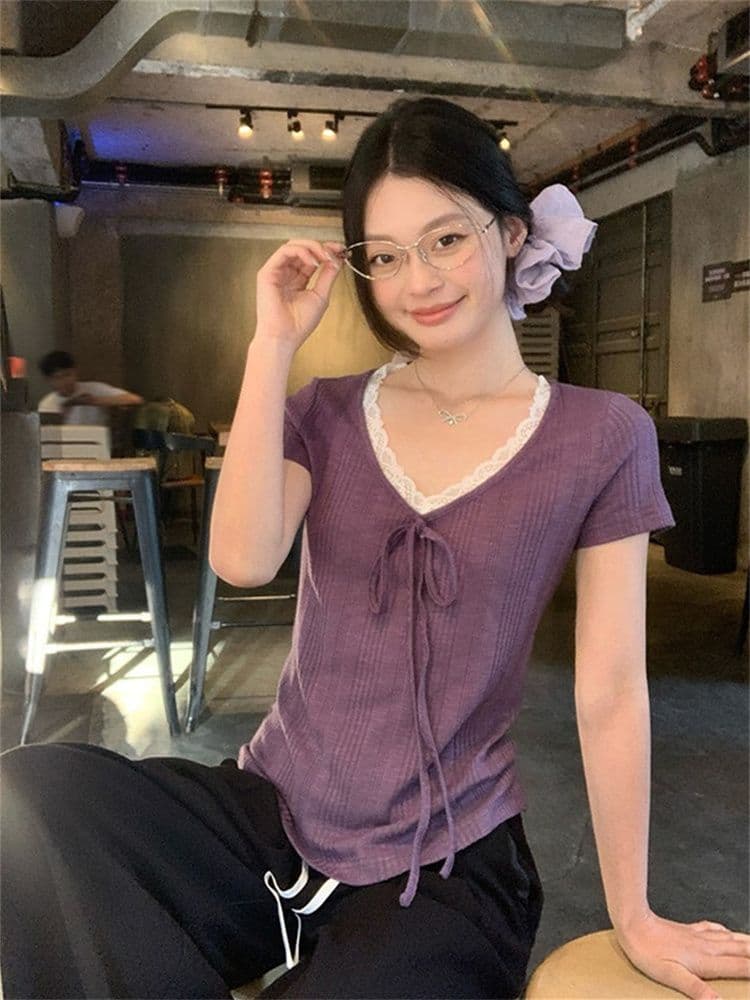 230 크 바 이익 대나무 마디 보라색 V넥 레이스 스트랩 반팔 티셔츠 여성 여름 한 부서 몸매 가꾸기 슬림해 보이는 다용도 맨위 상세 이미지 14