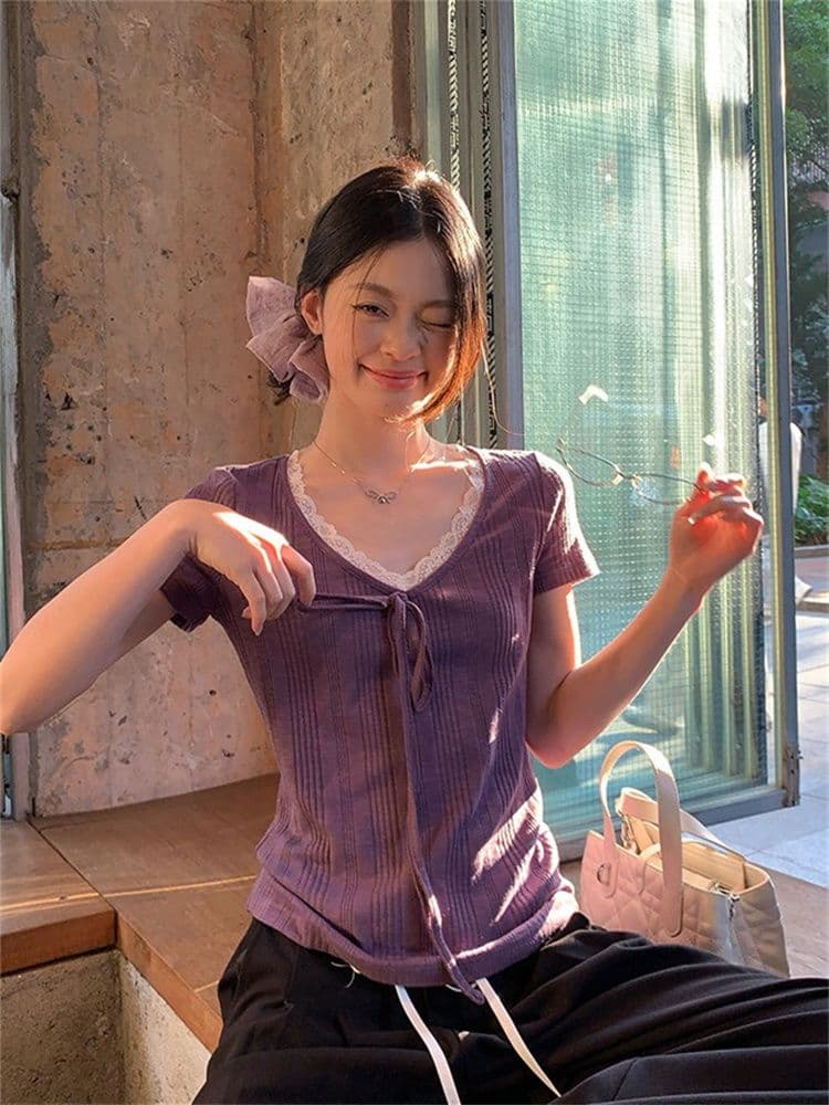 230 크 바 이익 대나무 마디 보라색 V넥 레이스 스트랩 반팔 티셔츠 여성 여름 한 부서 몸매 가꾸기 슬림해 보이는 다용도 맨위 상세 이미지 15