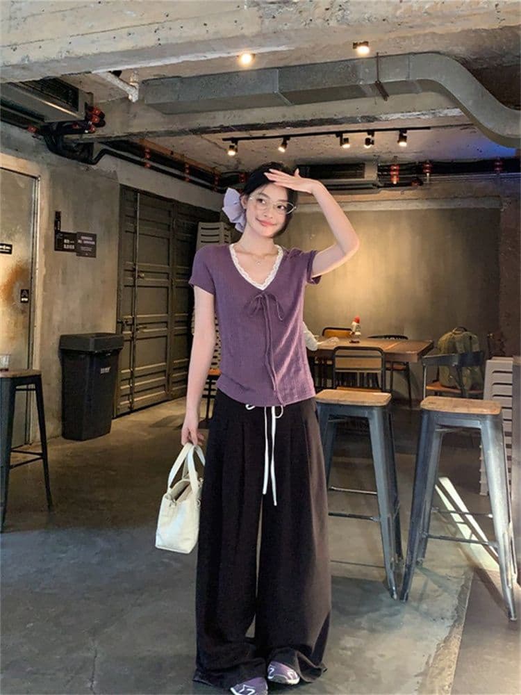 230 크 바 이익 대나무 마디 보라색 V넥 레이스 스트랩 반팔 티셔츠 여성 여름 한 부서 몸매 가꾸기 슬림해 보이는 다용도 맨위 상세 이미지 16