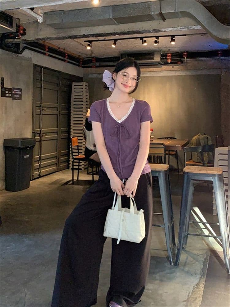 230 크 바 이익 대나무 마디 보라색 V넥 레이스 스트랩 반팔 티셔츠 여성 여름 한 부서 몸매 가꾸기 슬림해 보이는 다용도 맨위 상세 이미지 17