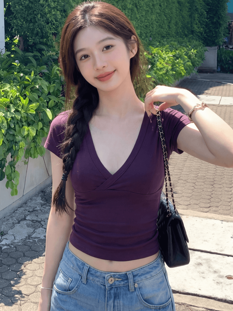 1 1 모달 핫걸 보라색 V넥 긍정적 인 어깨 반팔 티셔츠 여성 여름 몸매 가꾸기 허리 수축 Chic 아름다운 쇼트 스타일 맨위