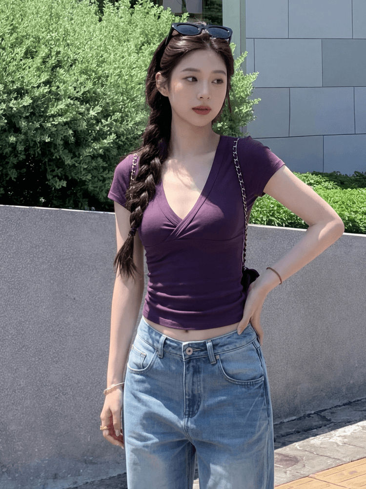 1 1 모달 핫걸 보라색 V넥 긍정적 인 어깨 반팔 티셔츠 여성 여름 몸매 가꾸기 허리 수축 Chic 아름다운 쇼트 스타일 맨위 상세 이미지 3