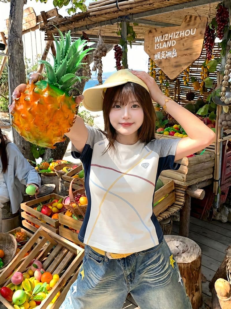 1 1 순면 리브 210 그램 반팔 티셔츠 여성 의류 여름 새로운 디자인 센스 삽입 색상 라운드 넥 맨위 상세 이미지 6