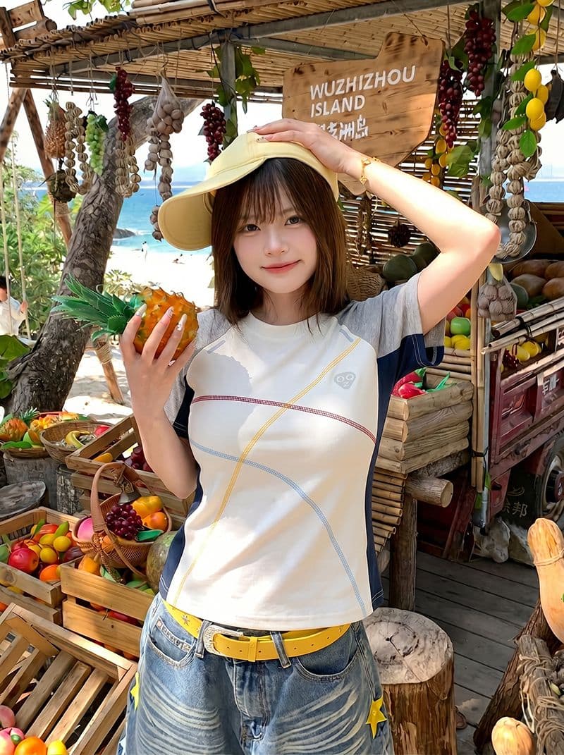1 1 순면 리브 210 그램 반팔 티셔츠 여성 의류 여름 새로운 디자인 센스 삽입 색상 라운드 넥 맨위 상세 이미지 7