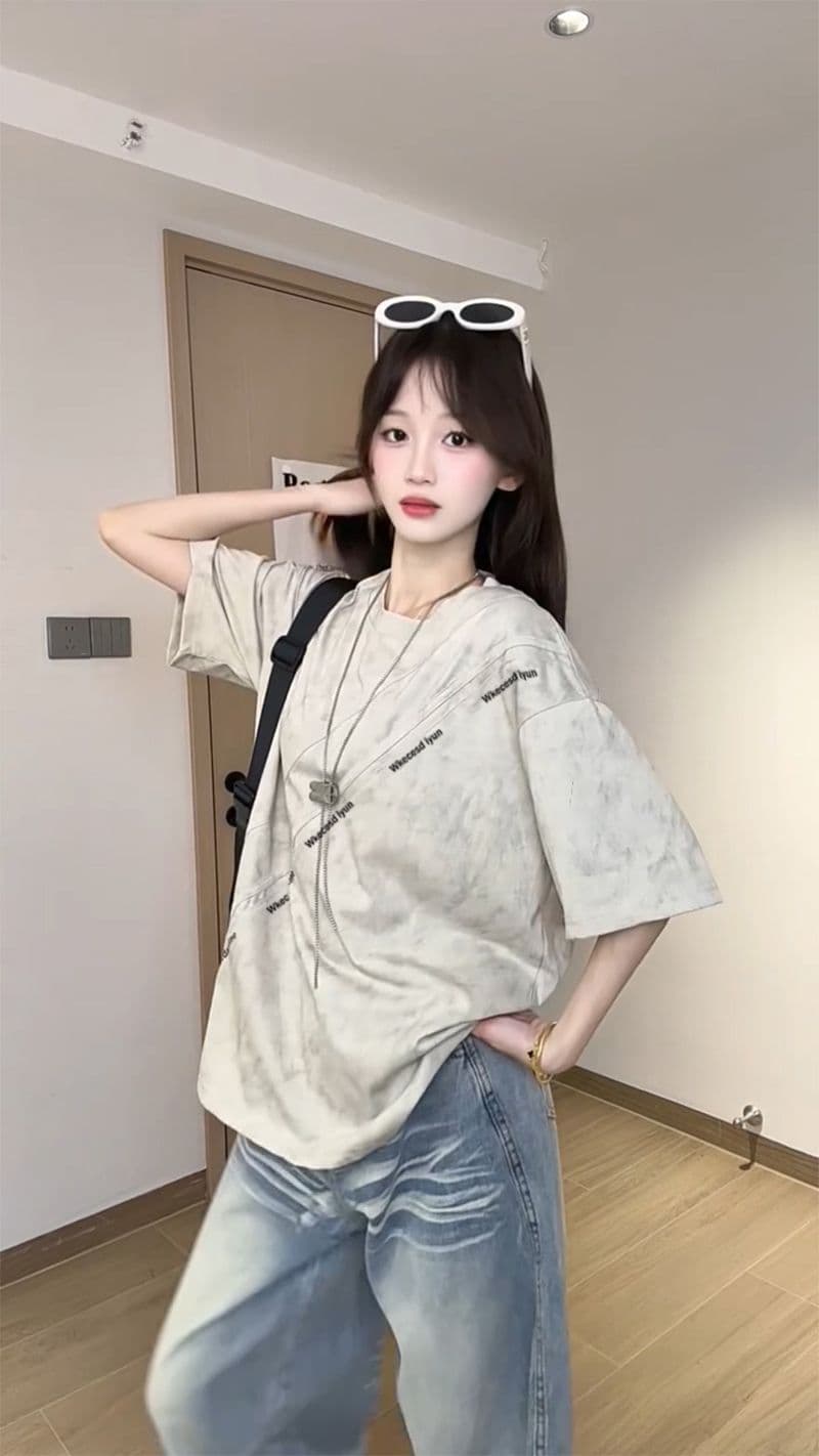 조수 브랜드 반팔 티셔츠 남녀 커플룩 여름 새로운 레트로 한 부서 긍정적 인 어깨 루즈핏 라운드 넥 맨위 이미지 2