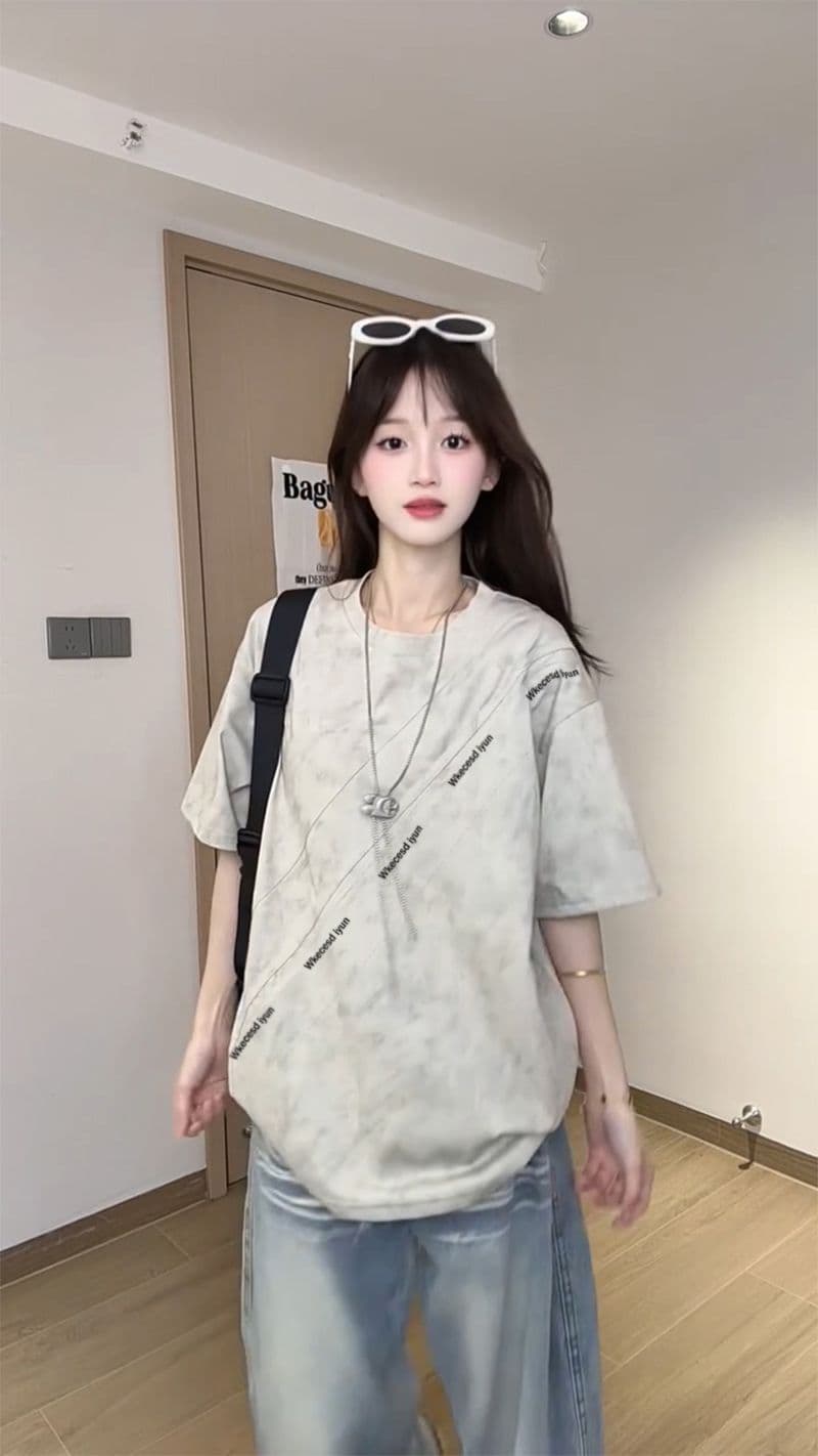 조수 브랜드 반팔 티셔츠 남녀 커플룩 여름 새로운 레트로 한 부서 긍정적 인 어깨 루즈핏 라운드 넥 맨위 이미지 3
