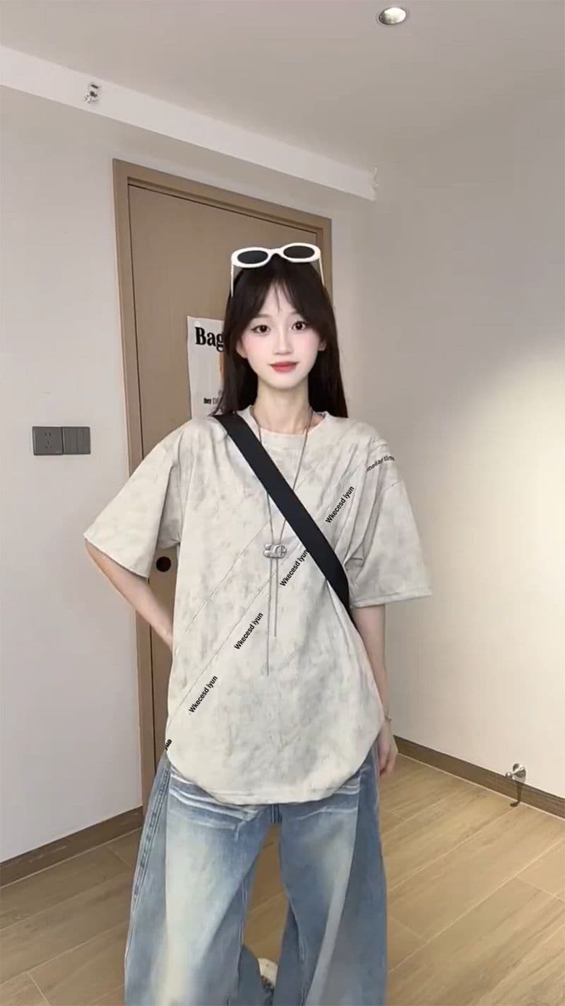 조수 브랜드 반팔 티셔츠 남녀 커플룩 여름 새로운 레트로 한 부서 긍정적 인 어깨 루즈핏 라운드 넥 맨위 상세 이미지 2