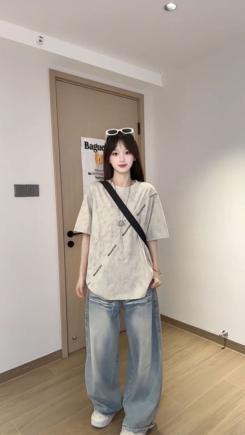 조수 브랜드 반팔 티셔츠 남녀 커플룩 여름 새로운 레트로 한 부서 긍정적 인 어깨 루즈핏 라운드 넥 맨위 상세 이미지 4