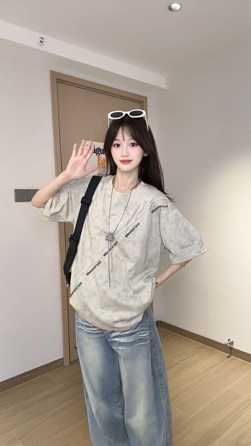 조수 브랜드 반팔 티셔츠 남녀 커플룩 여름 새로운 레트로 한 부서 긍정적 인 어깨 루즈핏 라운드 넥 맨위 상세 이미지 8
