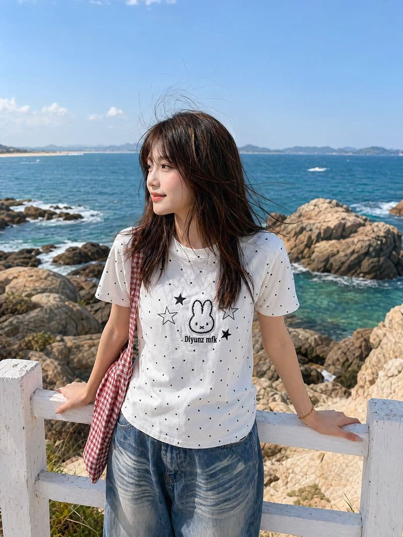 순면 리브 220 그램 반팔 티셔츠 여성 여름 새로운 슬림해 보이는 도트 무늬 자수 라운드 넥 맨위 이미지 3