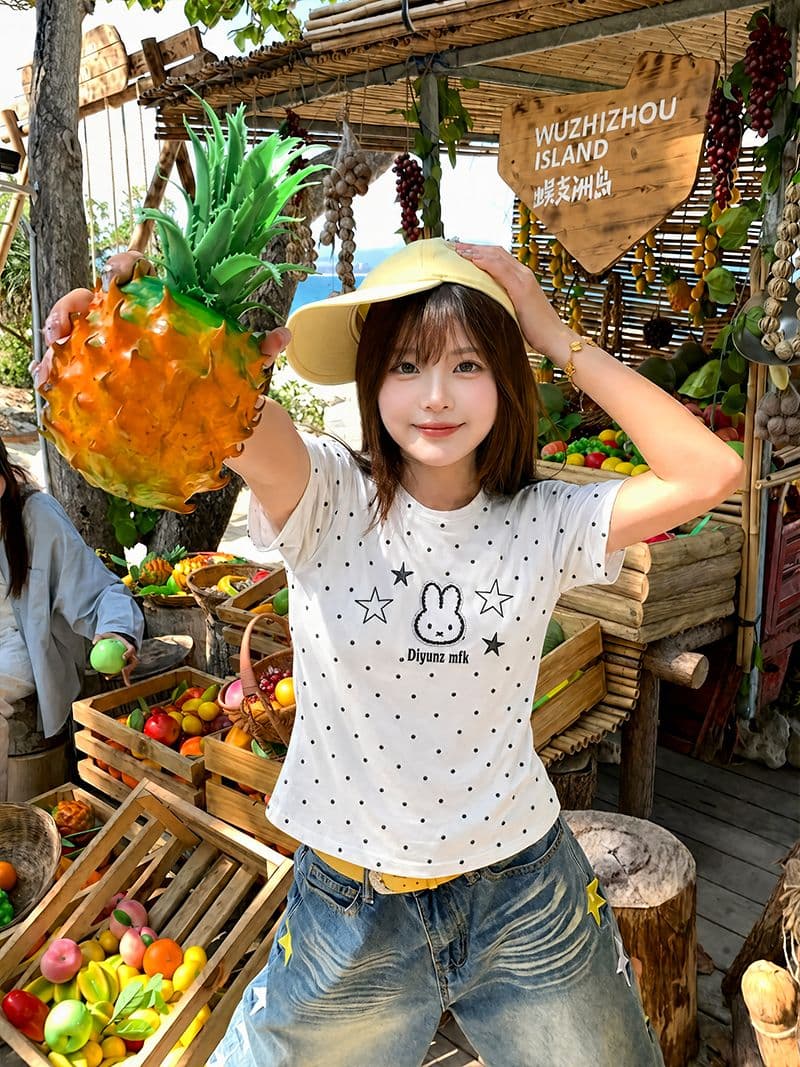 순면 리브 220 그램 반팔 티셔츠 여성 여름 새로운 슬림해 보이는 도트 무늬 자수 라운드 넥 맨위 상세 이미지 5