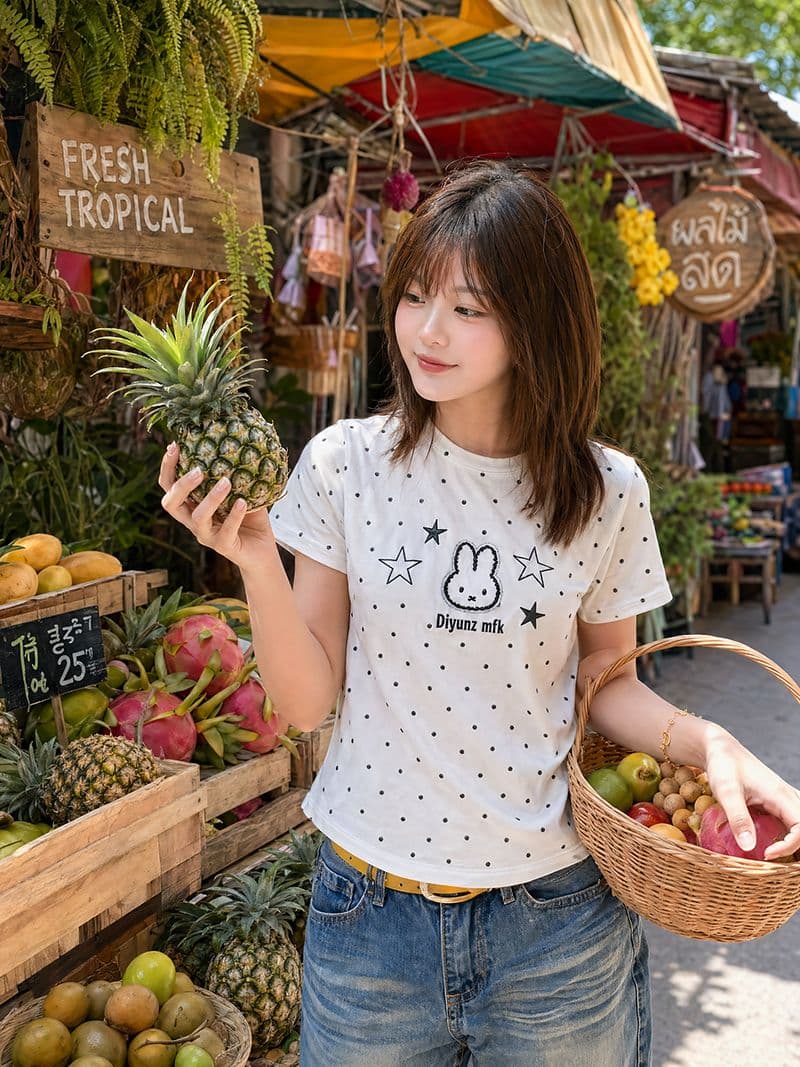 순면 리브 220 그램 반팔 티셔츠 여성 여름 새로운 슬림해 보이는 도트 무늬 자수 라운드 넥 맨위 상세 이미지 13