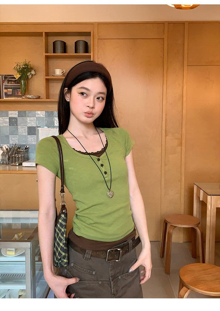 반팔 티셔츠 여성 의류 여름 디자인 센스 새로운 한 부서 슬림해 보이는 페이크 레이어드 패치워크 레이스 맨위 상세 이미지 14