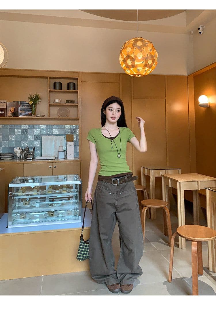 반팔 티셔츠 여성 의류 여름 디자인 센스 새로운 한 부서 슬림해 보이는 페이크 레이어드 패치워크 레이스 맨위 상세 이미지 18