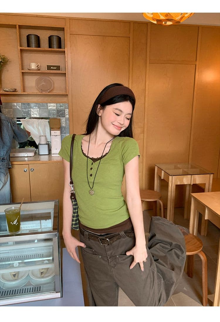 반팔 티셔츠 여성 의류 여름 디자인 센스 새로운 한 부서 슬림해 보이는 페이크 레이어드 패치워크 레이스 맨위 상세 이미지 20