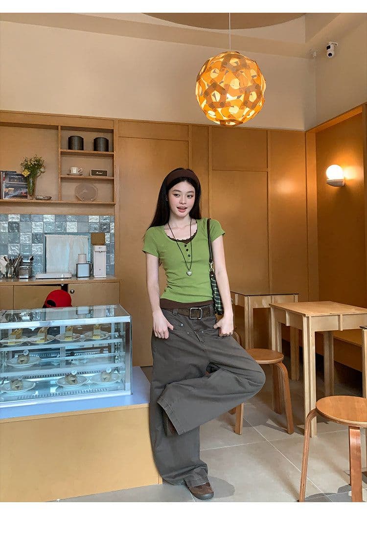 반팔 티셔츠 여성 의류 여름 디자인 센스 새로운 한 부서 슬림해 보이는 페이크 레이어드 패치워크 레이스 맨위 상세 이미지 23