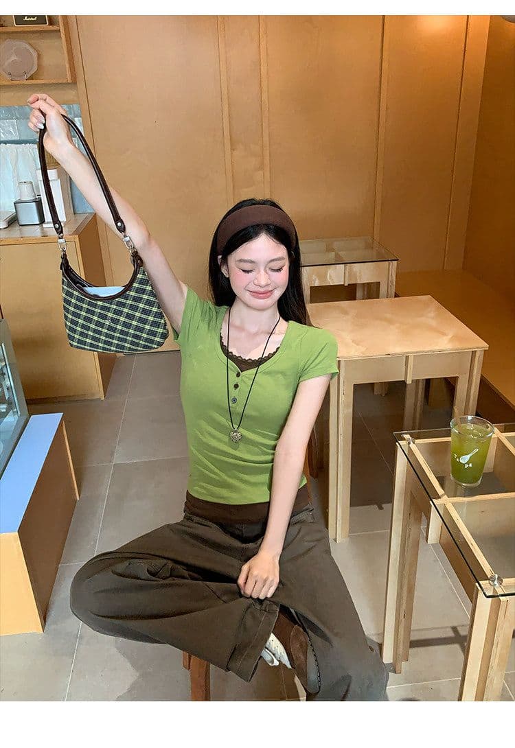반팔 티셔츠 여성 의류 여름 디자인 센스 새로운 한 부서 슬림해 보이는 페이크 레이어드 패치워크 레이스 맨위 상세 이미지 28