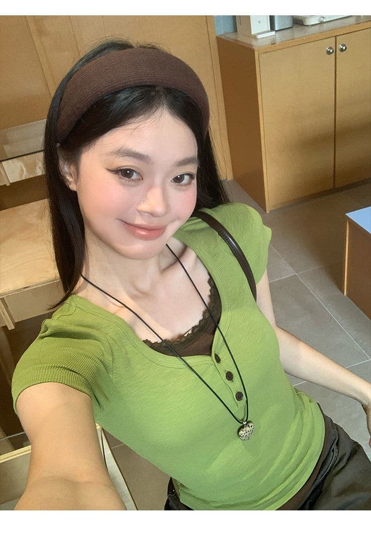 반팔 티셔츠 여성 의류 여름 디자인 센스 새로운 한 부서 슬림해 보이는 페이크 레이어드 패치워크 레이스 맨위 상세 이미지 30