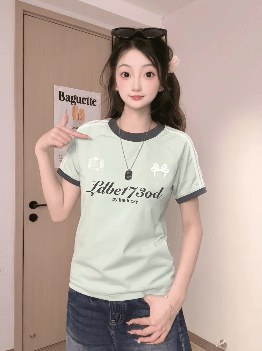 220 그램 주간 실크 차가운 면 반팔 티셔츠 여성 여름 새로운 스트라이프 재미있는 프린트 배색 라운드 넥 맨위 이미지 4