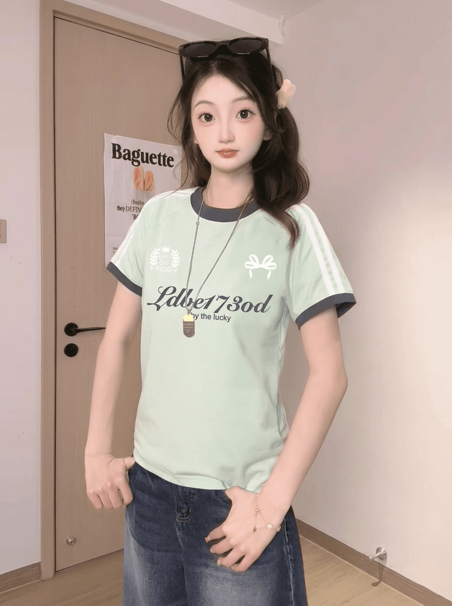 220 그램 주간 실크 차가운 면 반팔 티셔츠 여성 여름 새로운 스트라이프 재미있는 프린트 배색 라운드 넥 맨위 상세 이미지 6