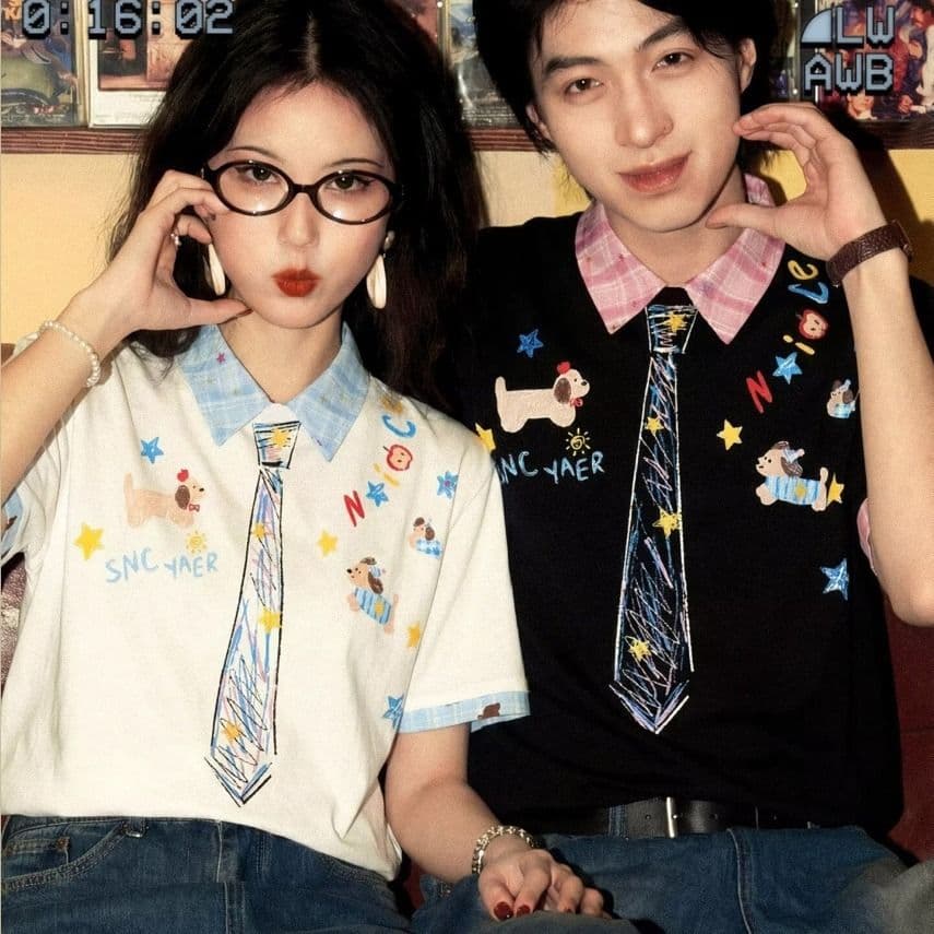 페이크 레이어드 강아지 프린트 POLO 셔츠 반팔 티셔츠 남자 여름 학원 스타일 커플 루즈핏 동정 이미지 3
