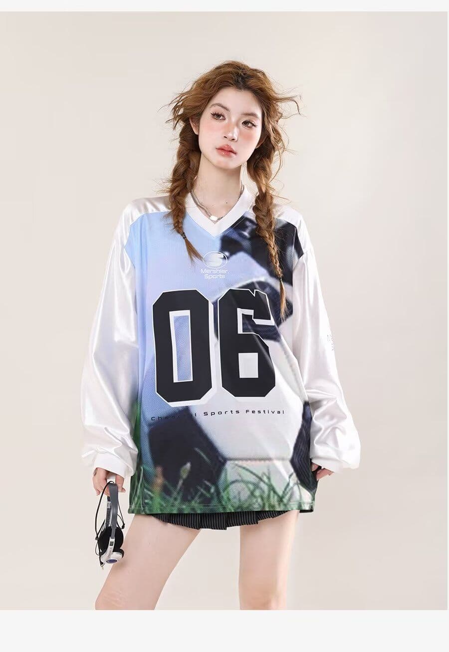 아메리칸 레트로 높음 거리 운동 새틴 디자인 센스 V넥 저지 후드티 여성 루즈핏 캐주얼 긴팔 맨위 상세 이미지 2