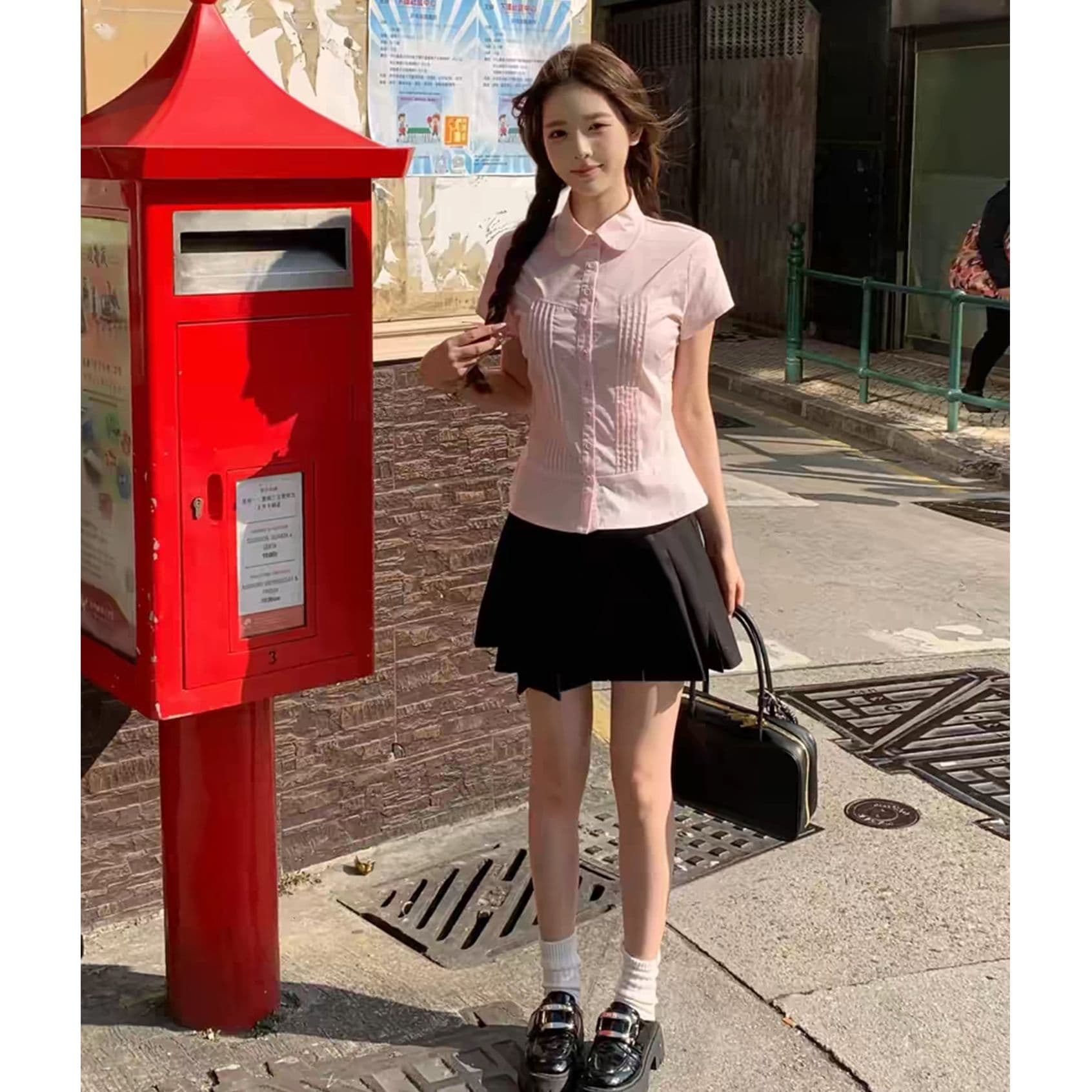 2026 새로운 핑크색 셔츠 반팔 여성 여름 프랑스식 몸매 가꾸기 허리 수축 사소한 아름다운 맨위 이미지 3