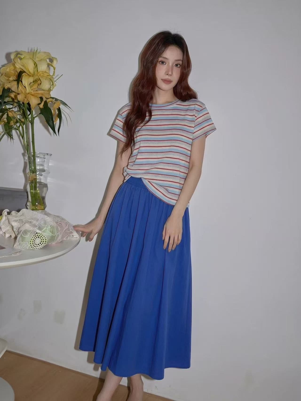 65 면 35 폴리 에스터 원본 원단 정가 스트라이프 반팔 여성 티셔츠 여름 색상 라운드 넥 긍정적 인 어깨 의류 이미지 3