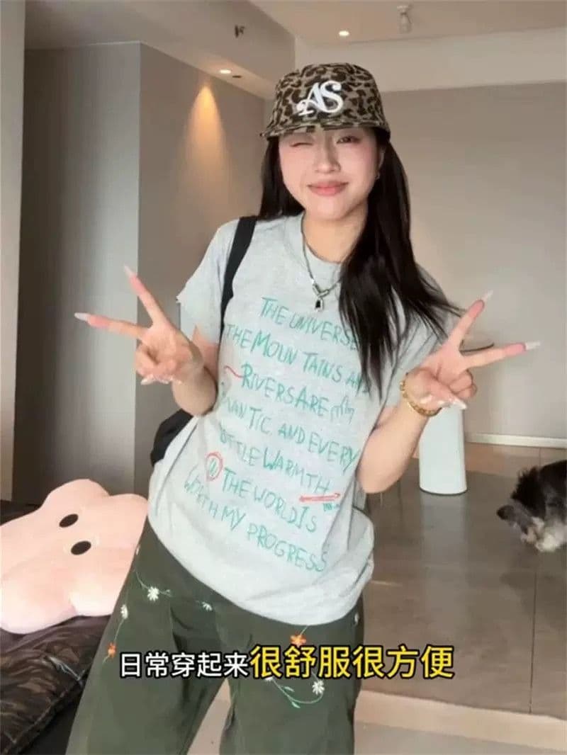 순면 정가 아메리칸 레트로 낙서 알파벳 프린트 긍정적 인 어깨 반팔 티셔츠 여성 여름 루즈핏 맨위 이미지 4
