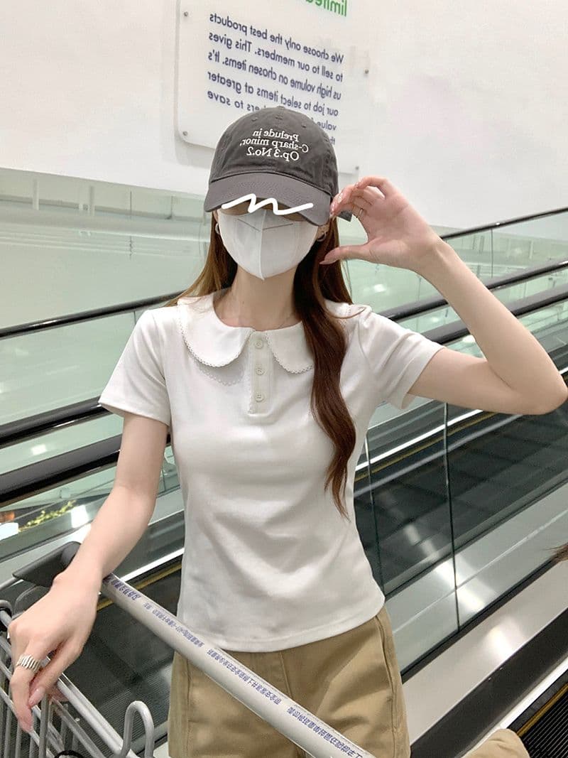 1 1 리브 220 그램 반팔 티셔츠 여성 의류 여름 새로운 단색 몸매 가꾸기 슬림해 보이는 베이비 칼라 맨위