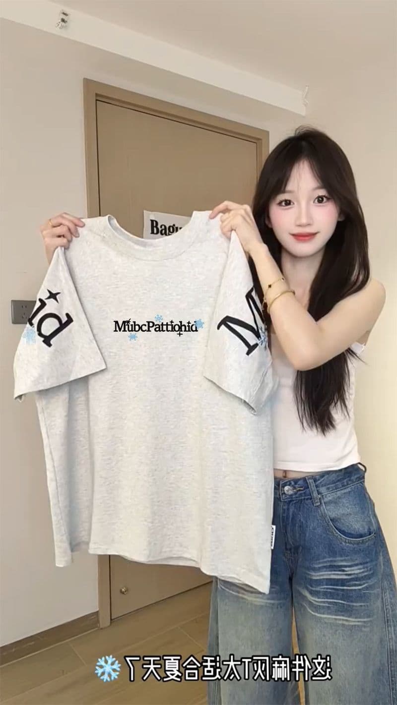 220 그램 순면 반팔 티셔츠 여성 의류 여름 새로운 중간 길이 루즈핏 긍정적 인 어깨 가시 자수 라운드 넥 맨위 상세 이미지 4