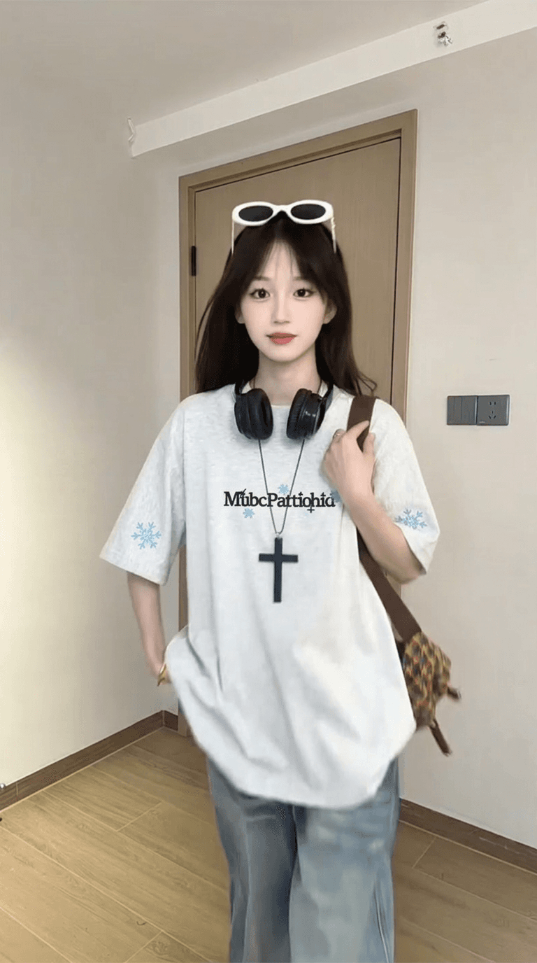 220 그램 순면 반팔 티셔츠 여성 의류 여름 새로운 중간 길이 루즈핏 긍정적 인 어깨 가시 자수 라운드 넥 맨위 상세 이미지 8