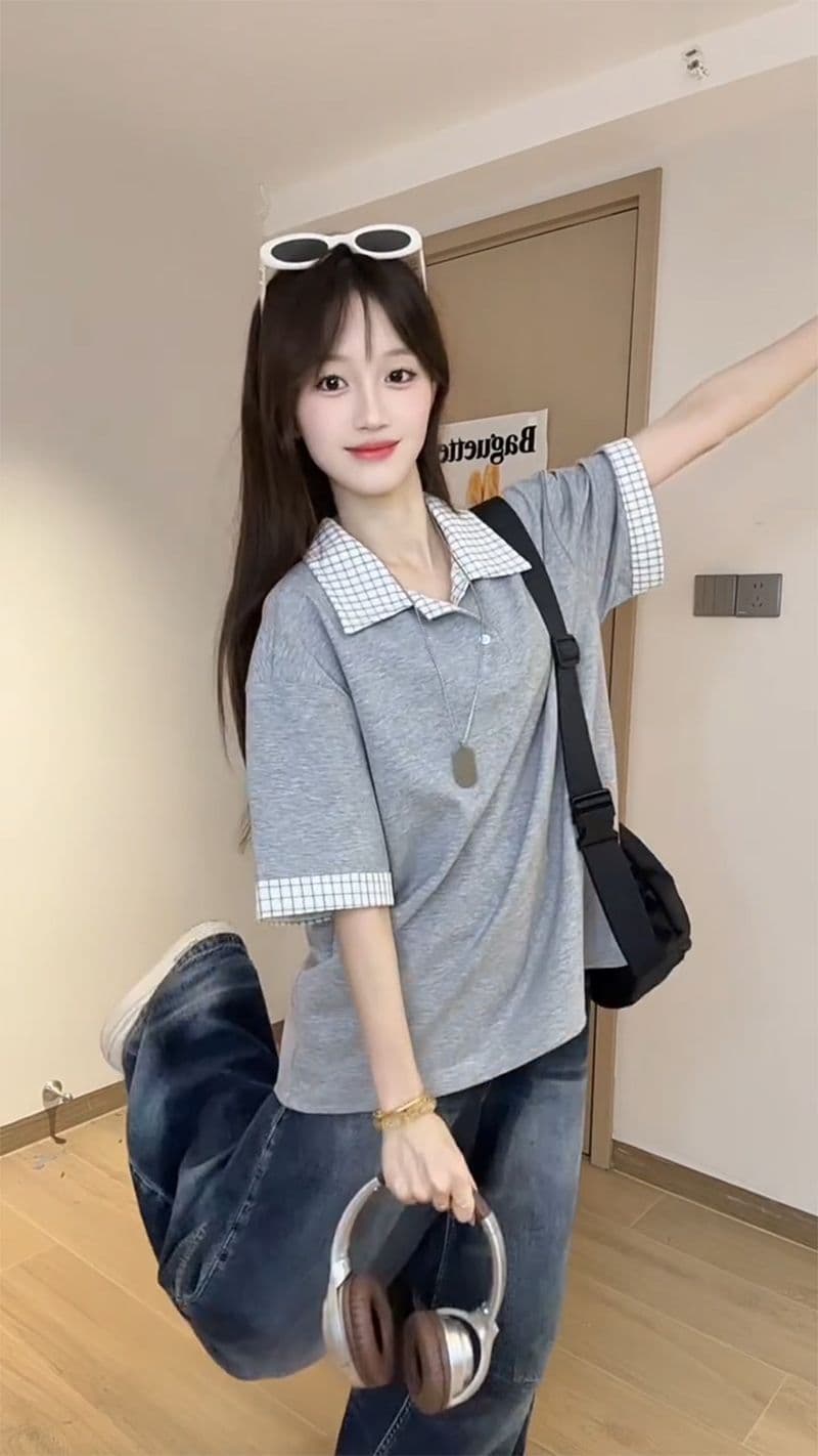 남자 바 면 220 그램 반팔 티셔츠 여성 의류 여름 페이크 레이어드 새로운 루즈핏 체크무늬 POLO 칼라 맨위 상세 이미지 6