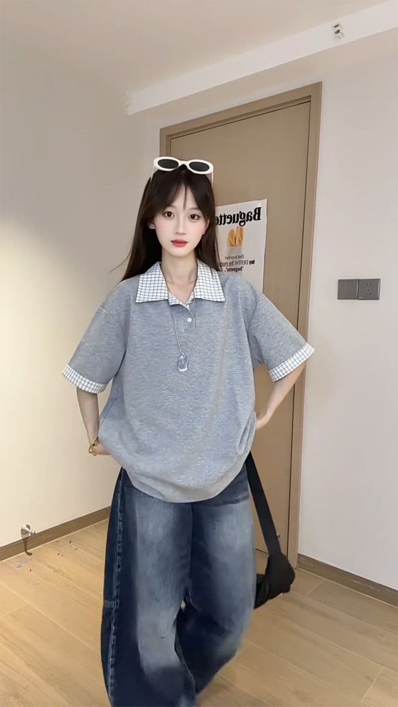 남자 바 면 220 그램 반팔 티셔츠 여성 의류 여름 페이크 레이어드 새로운 루즈핏 체크무늬 POLO 칼라 맨위 상세 이미지 7