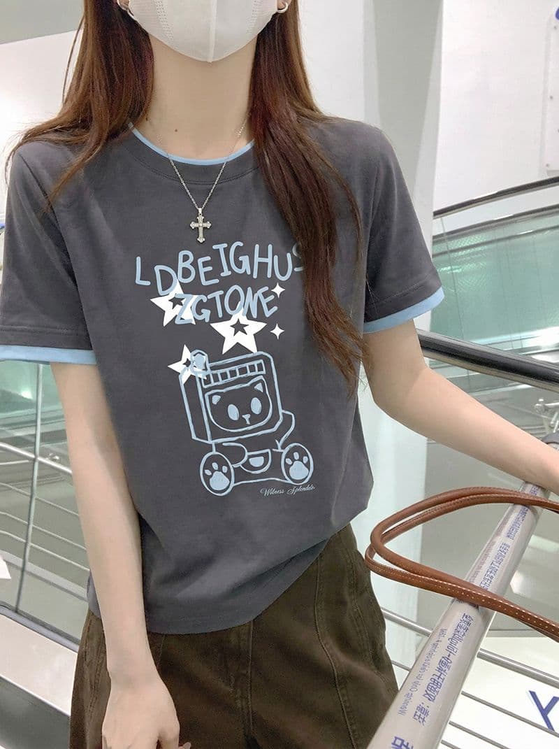220 그램 물 부드러운 면 양면 반팔 티셔츠 여성 여름 새로운 도트 무늬 스트라이프 자수 라운드 넥 맨위 상세 이미지 9