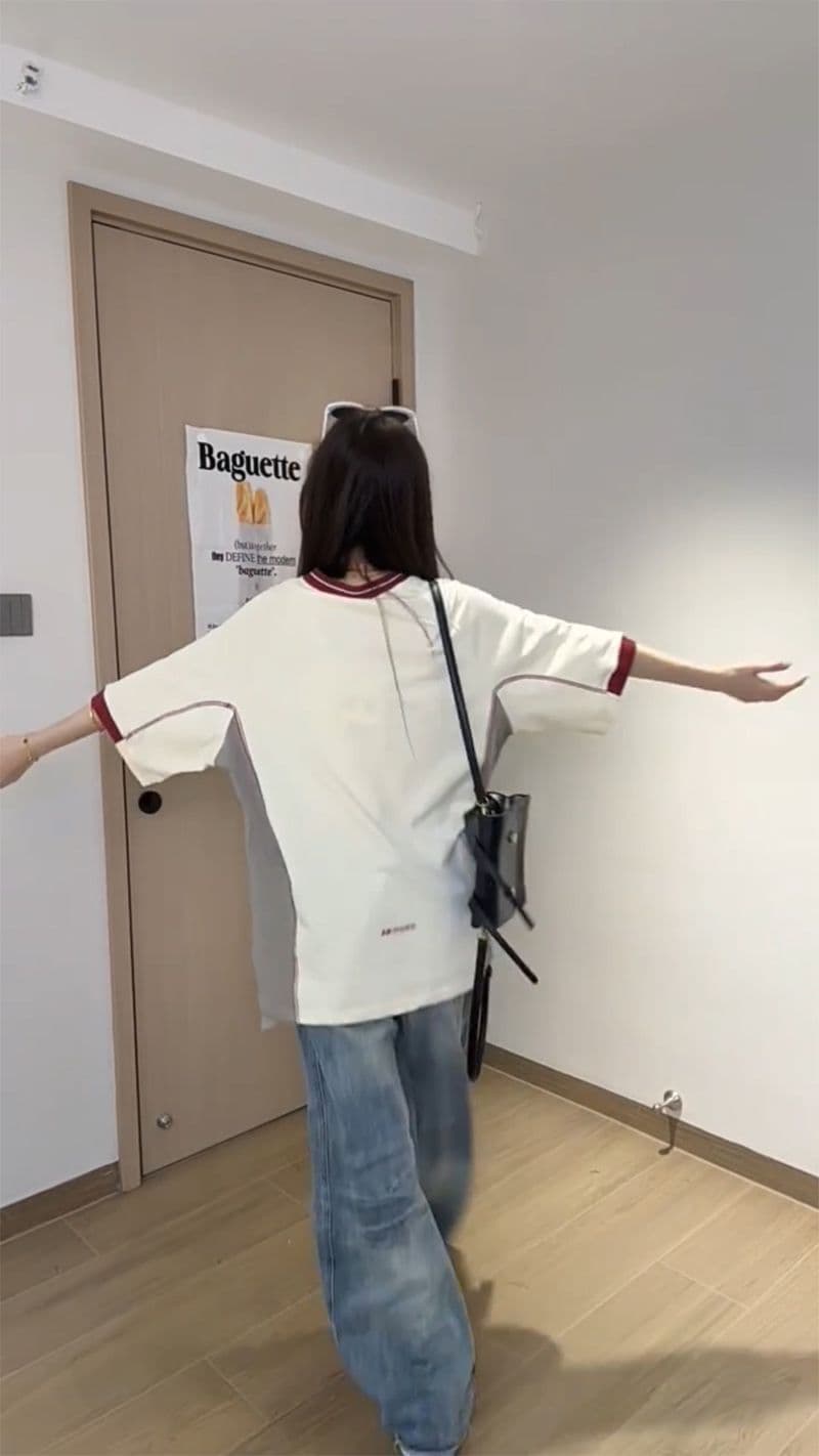 조수 브랜드 반팔 티셔츠 남녀 커플룩 여름 얇은 새로운 한 부서 루즈핏 삽입 색상 라운드 넥 맨위 상세 이미지 5