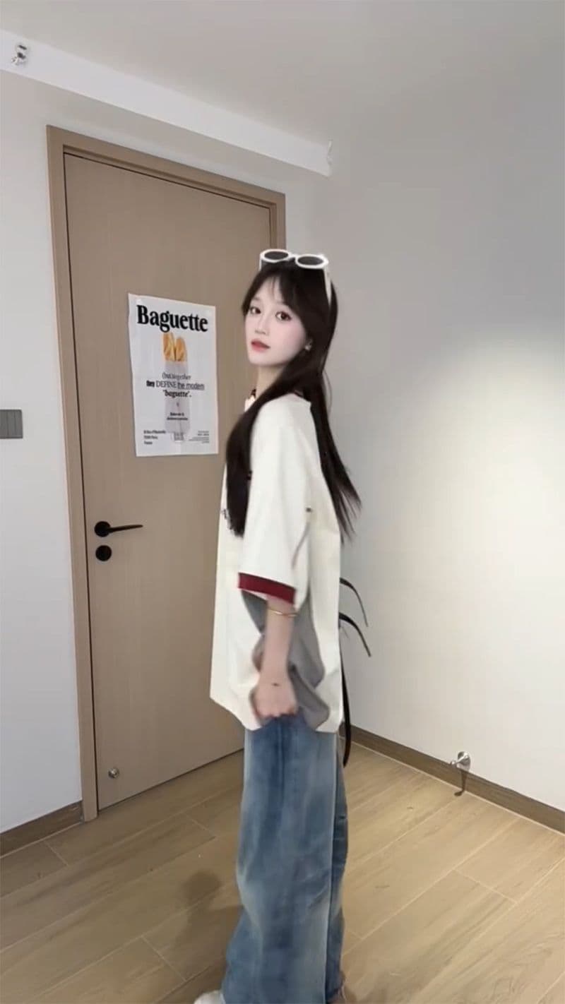 조수 브랜드 반팔 티셔츠 남녀 커플룩 여름 얇은 새로운 한 부서 루즈핏 삽입 색상 라운드 넥 맨위 상세 이미지 7