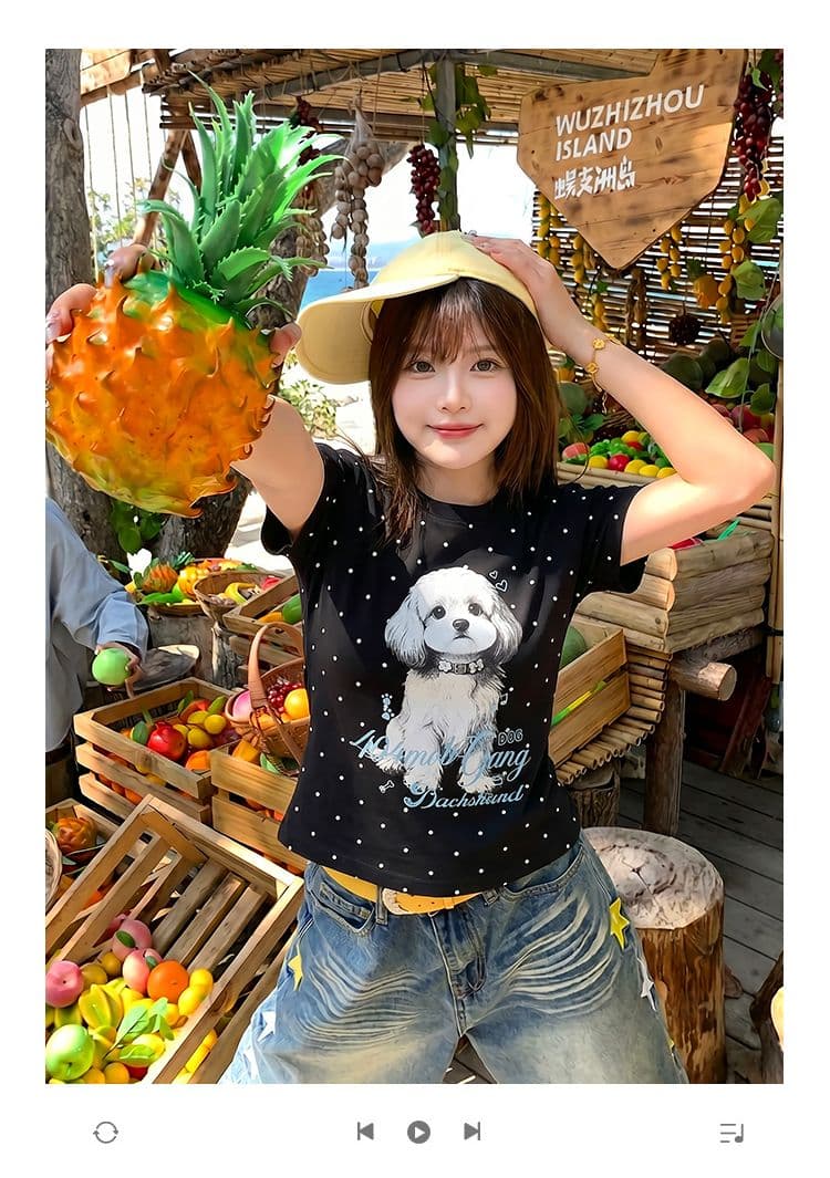 1 1 순면 리브 반팔 티셔츠 여성 의류 여름 새로운 한 부서 슬림해 보이는 도트 무늬 프린트 라운드 넥 맨위 상세 이미지 1
