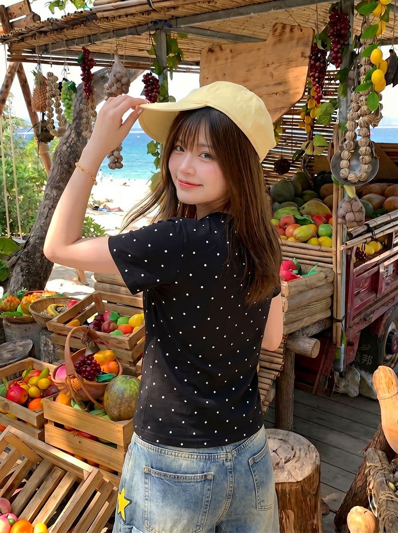 1 1 순면 리브 반팔 티셔츠 여성 의류 여름 새로운 한 부서 슬림해 보이는 도트 무늬 프린트 라운드 넥 맨위 상세 이미지 6