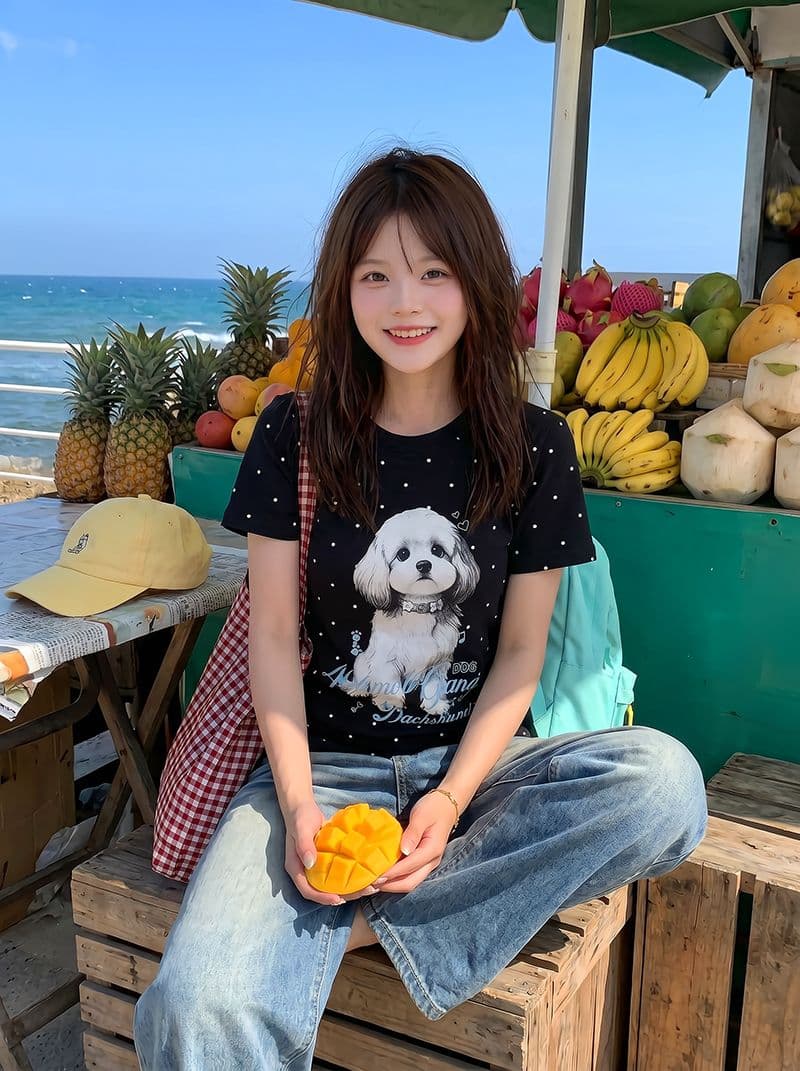 1 1 순면 리브 반팔 티셔츠 여성 의류 여름 새로운 한 부서 슬림해 보이는 도트 무늬 프린트 라운드 넥 맨위 상세 이미지 7