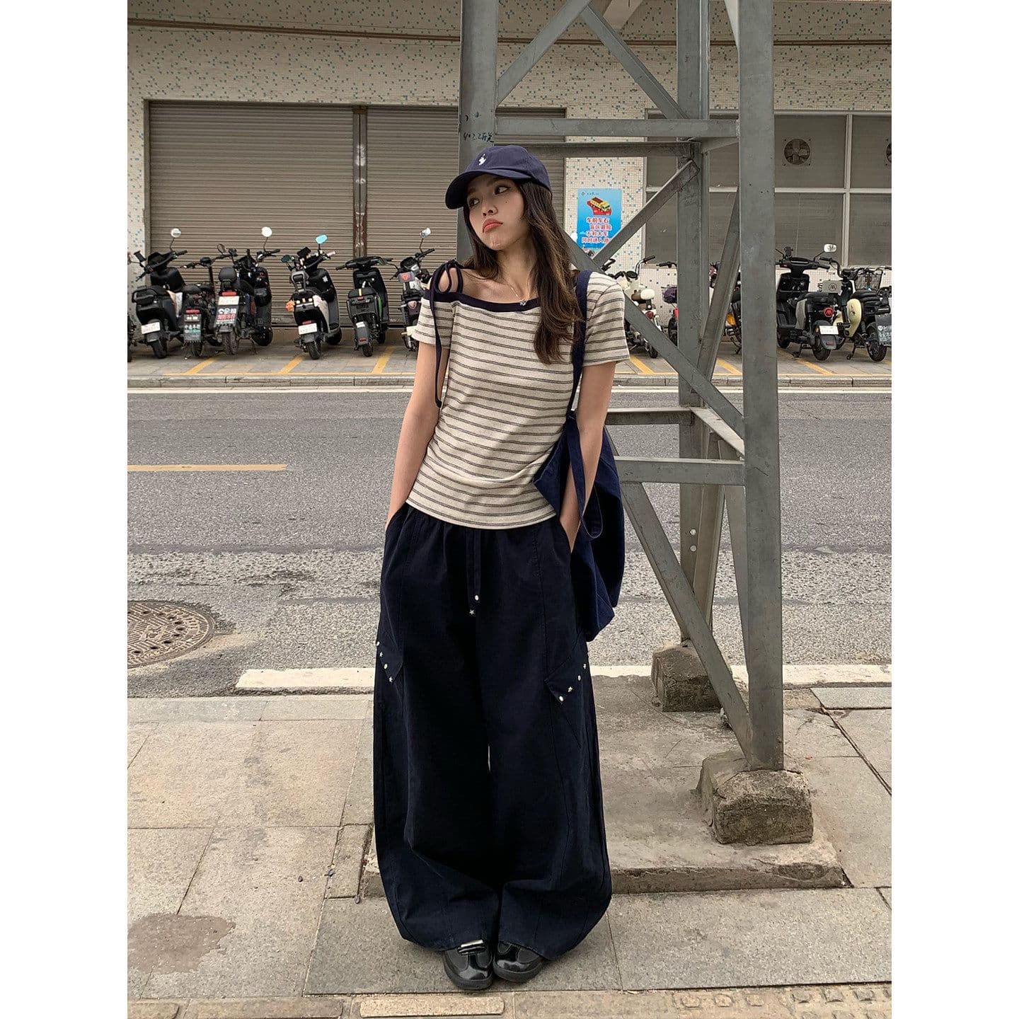 1 1 순면 리브 210 그램 반팔 티셔츠 여성 여름 새로운 아메리칸 스트라이프 레이스업 비스듬한 칼라 맨위 상세 이미지 4