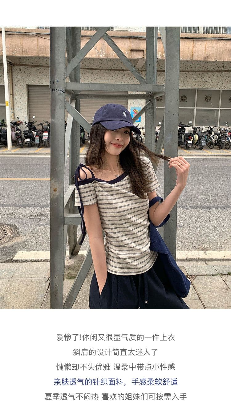 1 1 순면 리브 210 그램 반팔 티셔츠 여성 여름 새로운 아메리칸 스트라이프 레이스업 비스듬한 칼라 맨위 상세 이미지 8
