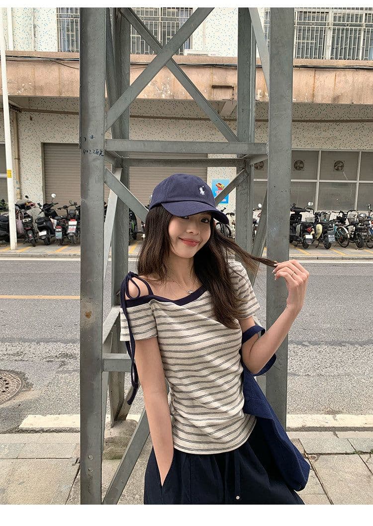1 1 순면 리브 210 그램 반팔 티셔츠 여성 여름 새로운 아메리칸 스트라이프 레이스업 비스듬한 칼라 맨위 상세 이미지 14