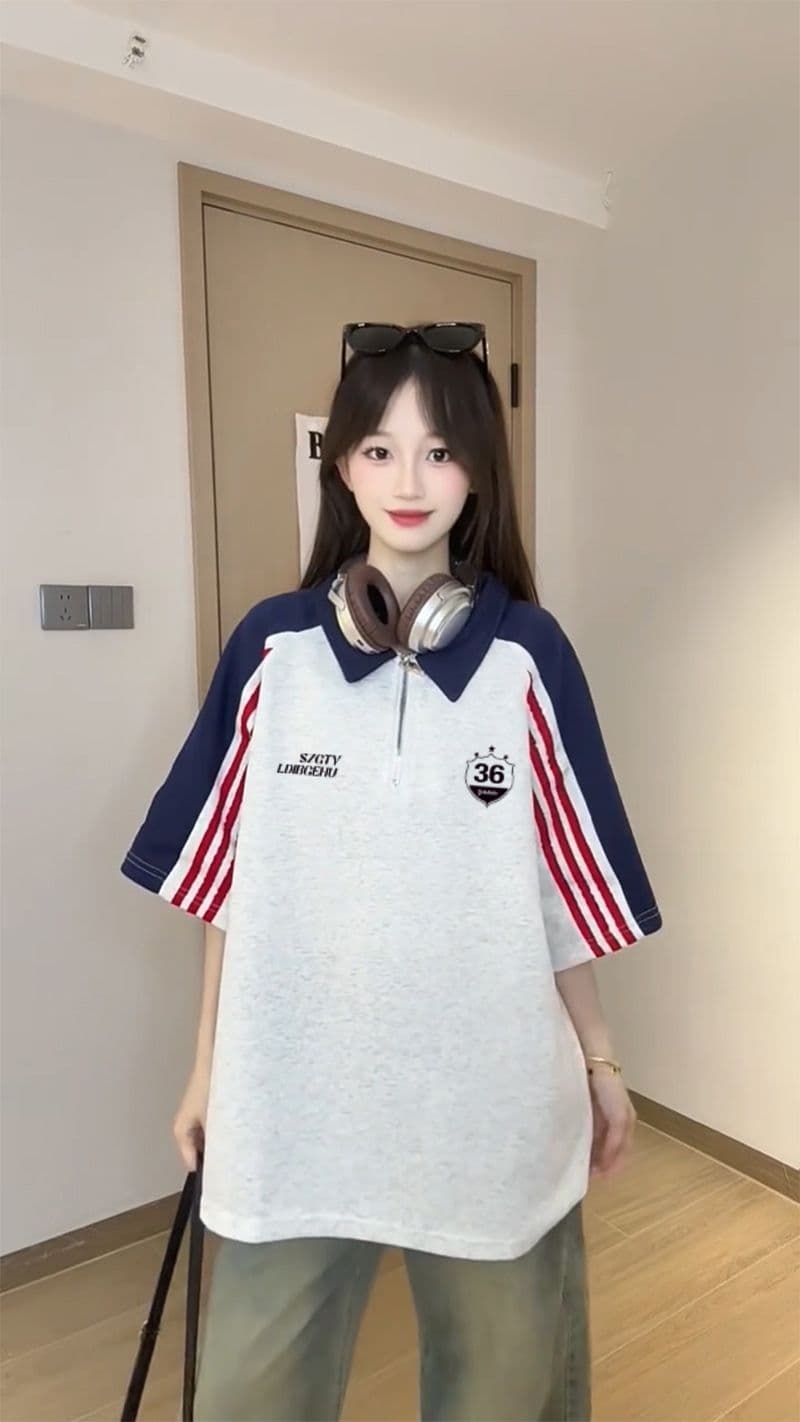 250그램 조수 브랜드 양면 반팔 티셔츠 여성 여름 새로운 한 부서 삽입 어깨 소매 스트라이프 POLO 칼라 맨위 이미지 2