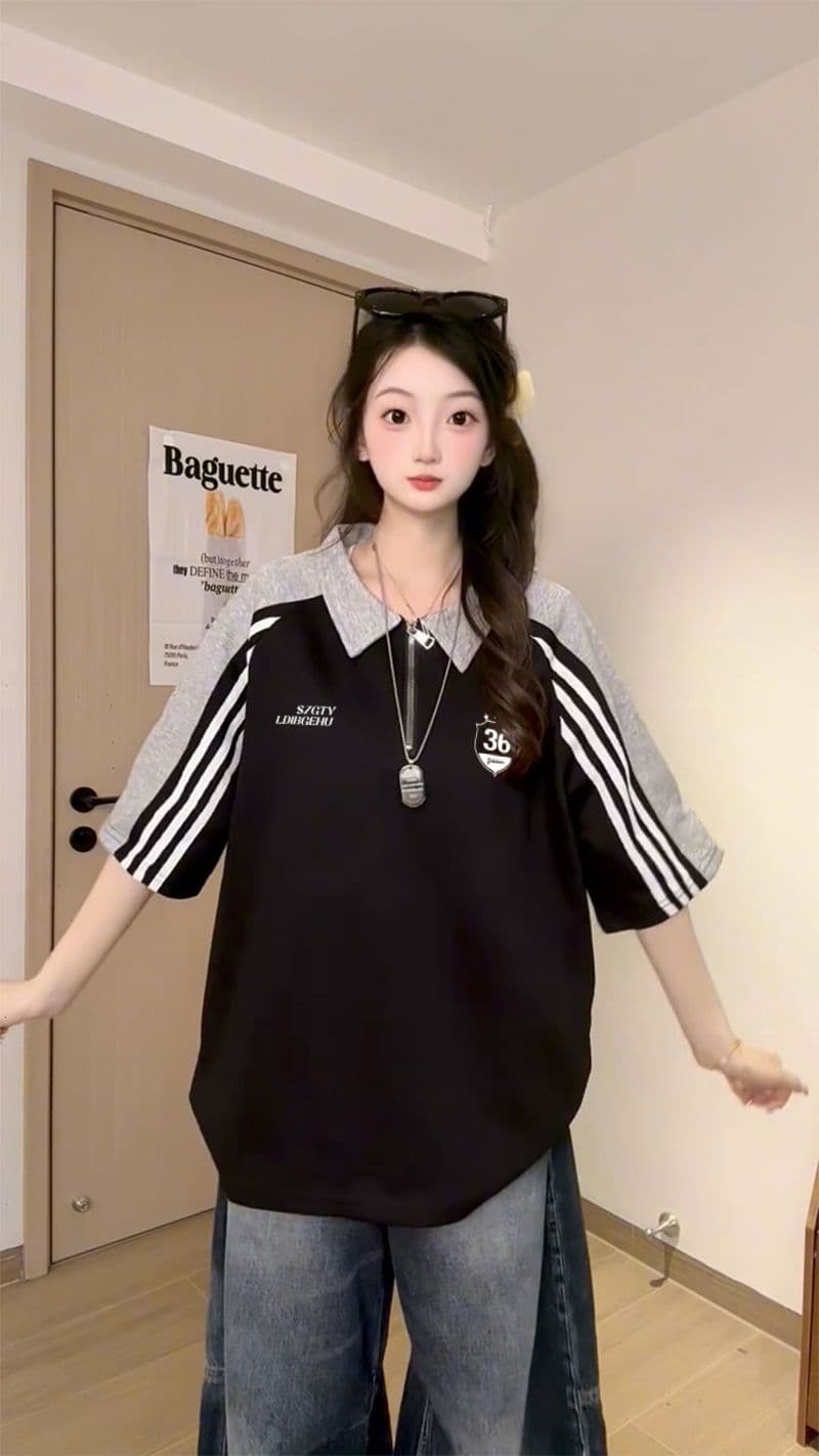 250그램 조수 브랜드 양면 반팔 티셔츠 여성 여름 새로운 한 부서 삽입 어깨 소매 스트라이프 POLO 칼라 맨위 이미지 3