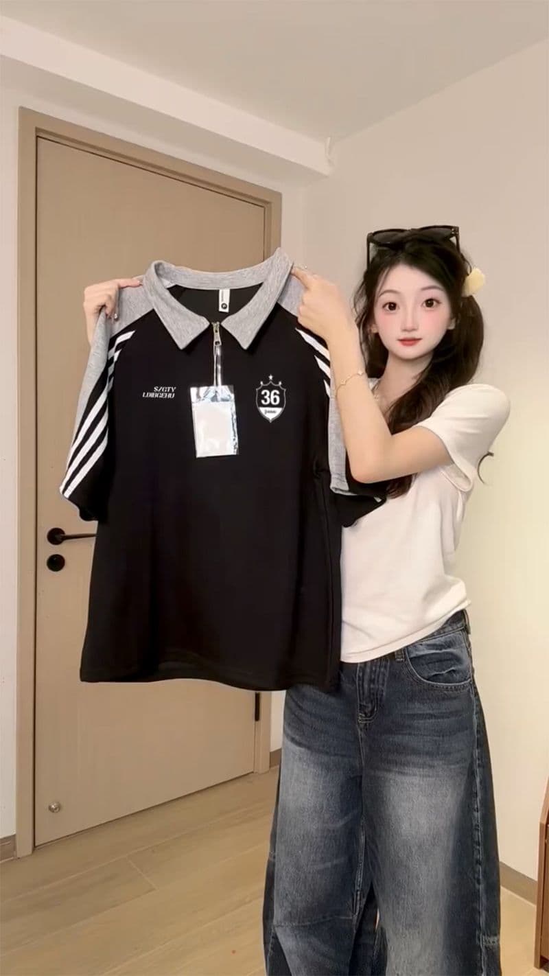 250그램 조수 브랜드 양면 반팔 티셔츠 여성 여름 새로운 한 부서 삽입 어깨 소매 스트라이프 POLO 칼라 맨위