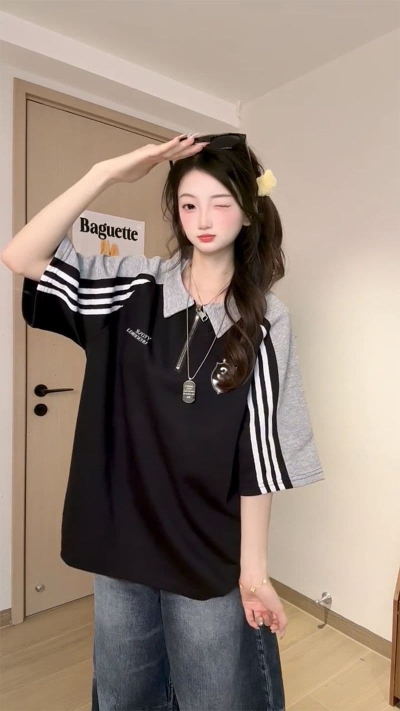 250그램 조수 브랜드 양면 반팔 티셔츠 여성 여름 새로운 한 부서 삽입 어깨 소매 스트라이프 POLO 칼라 맨위 상세 이미지 5