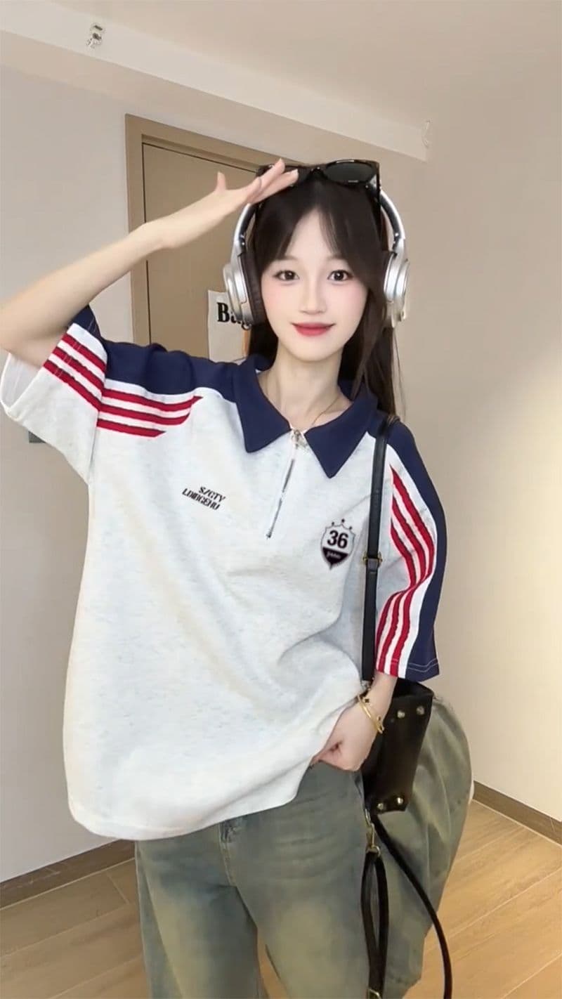 250그램 조수 브랜드 양면 반팔 티셔츠 여성 여름 새로운 한 부서 삽입 어깨 소매 스트라이프 POLO 칼라 맨위 상세 이미지 6